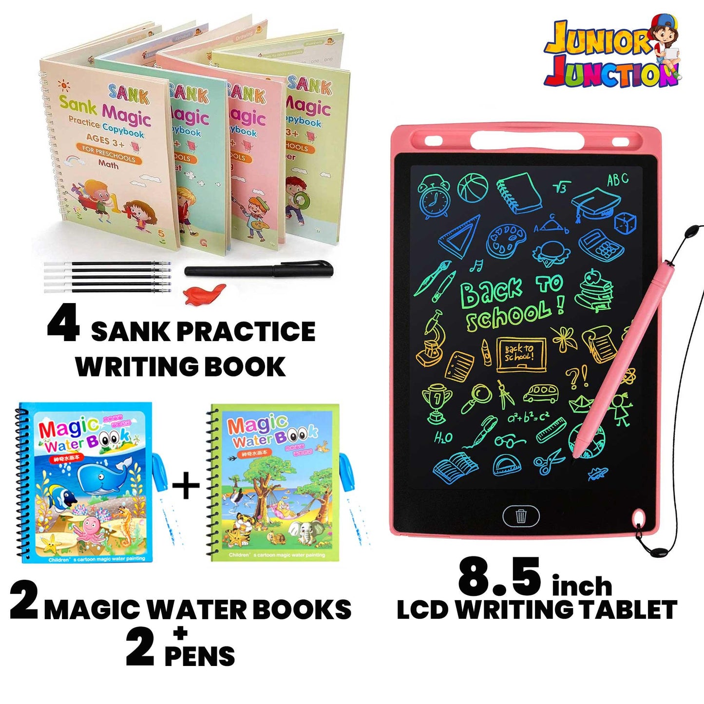 4 SANK PRACTICE WRITING BOOK + 2 MAGIC WATER BOOKS + 2 PENS + 8.5 inch LCD WRITING TABLET - Junior Junction
