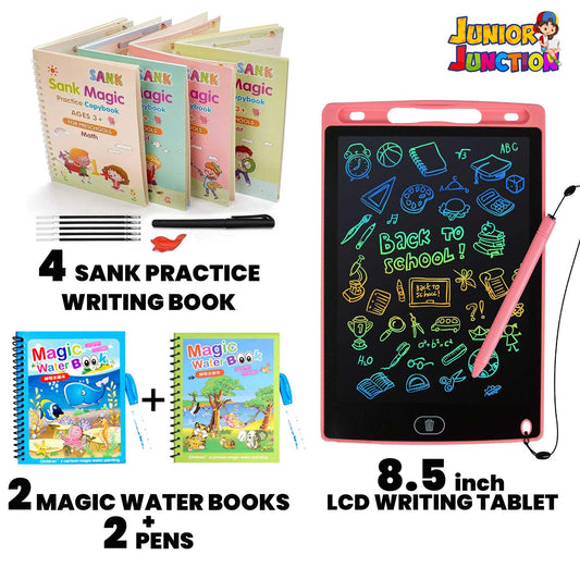4 SANK PRACTICE WRITING BOOK + 2 MAGIC WATER BOOKS + 2 PENS + 8.5 inch LCD WRITING TABLET - Junior Junction