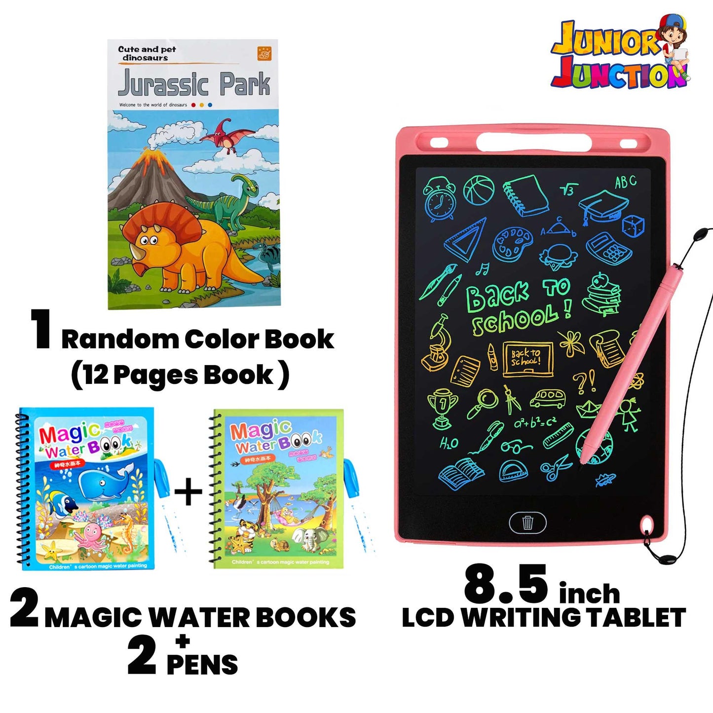 1 Random Watercolor Book(12pages) + 2 MAGIC WATER BOOKS + 2 PENS + 8.5 inch LCD WRITING TABLET - Junior Junction