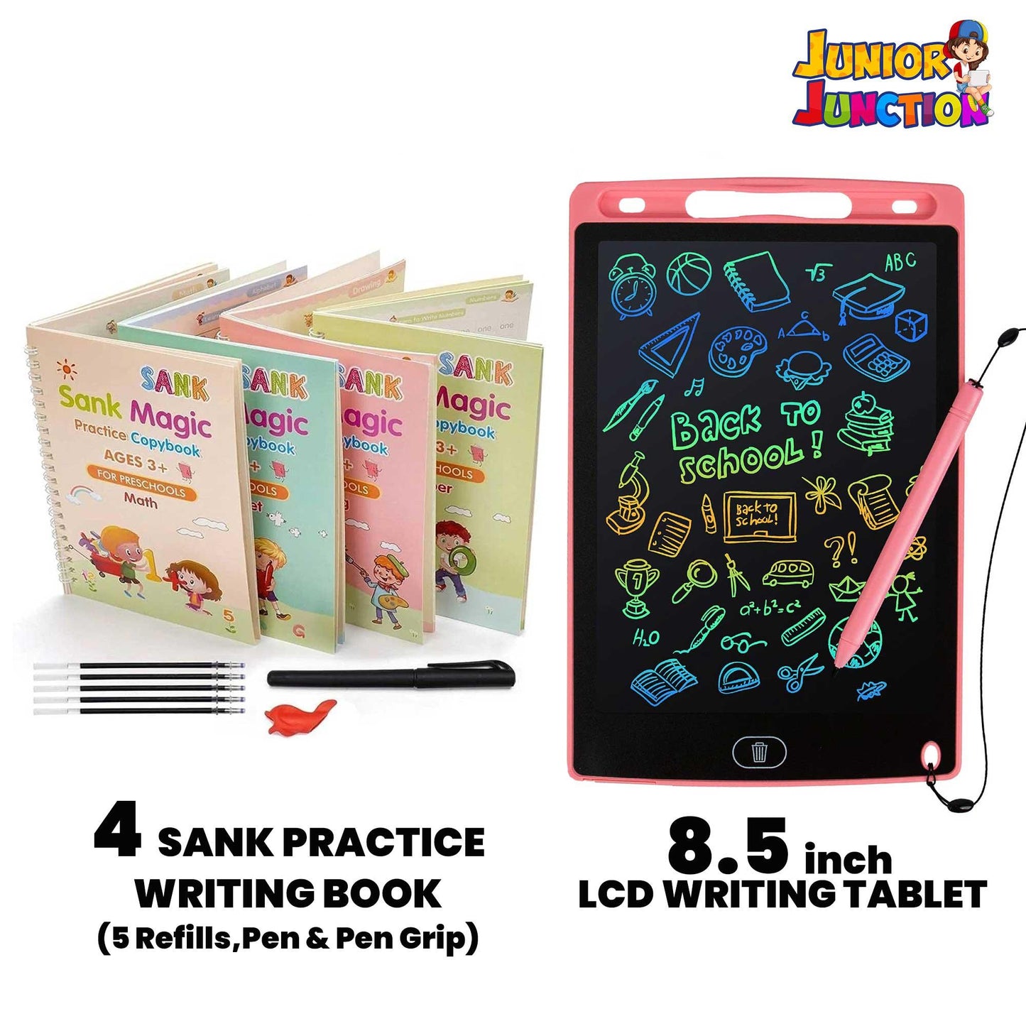 4 SANK PRACTICE WRITING BOOK + 2 PENS + 8.5 inch LCD WRITING TABLET - Junior Junction