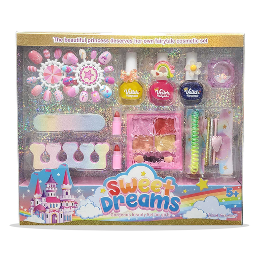 Children's cosmetic set packaging with 'Sweet Dreams' branding on a white background