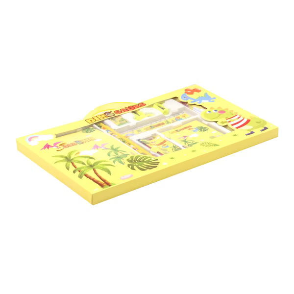 Yellow children's toy with cartoon characters and palm trees on a white background
