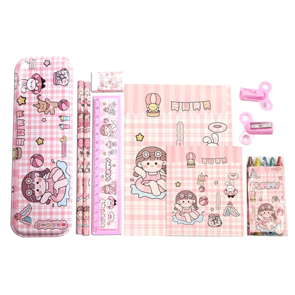 Set of pink stationery items with cartoon designs on a white background