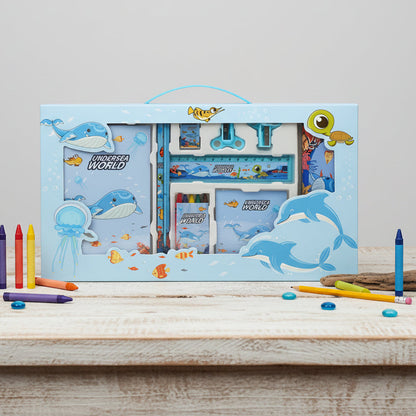 Gift set with undersea theme including books and toys in a decorative box.