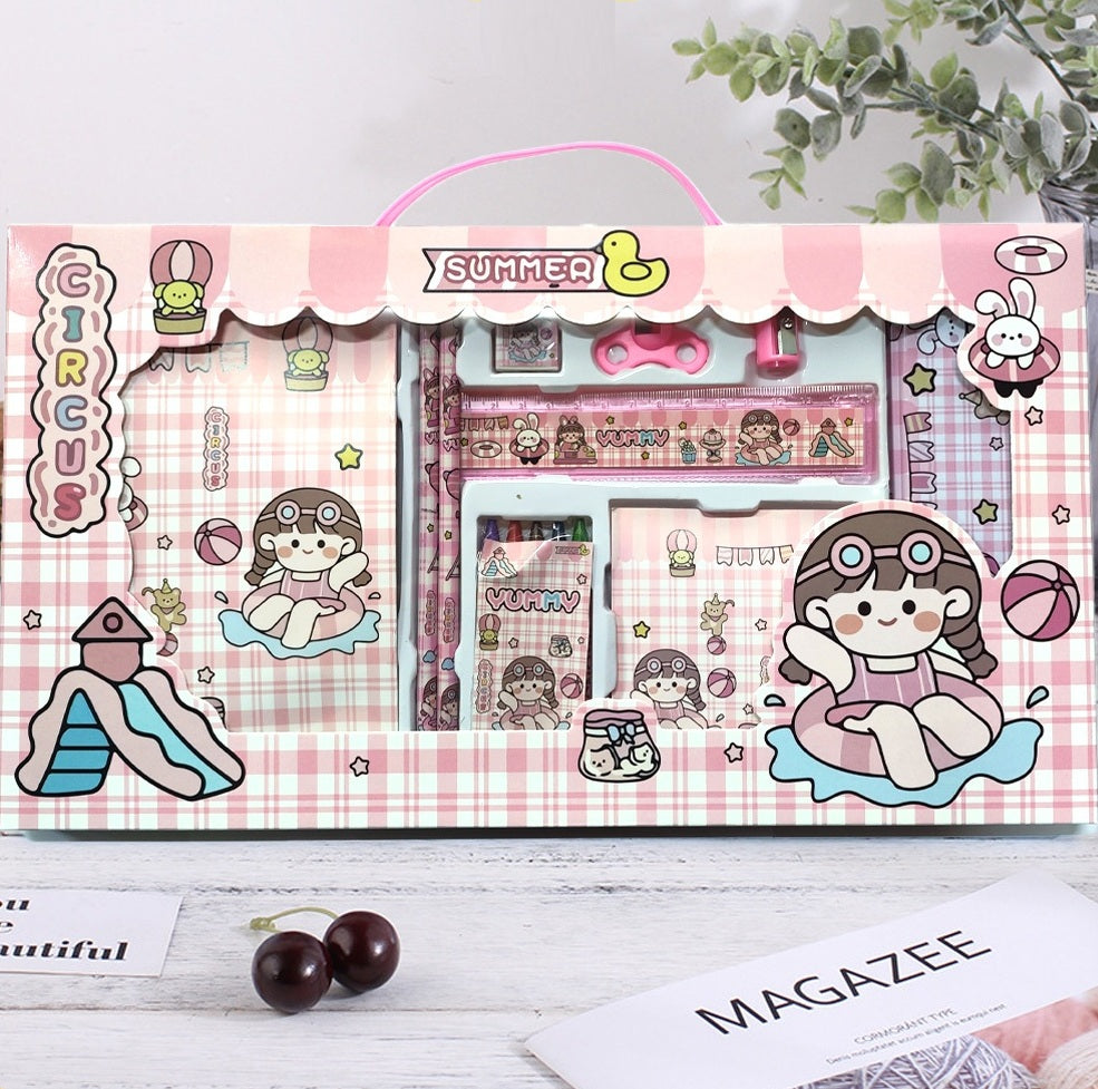 Pink and white toy packaging with cartoon characters and 'Summer' text on a light wooden surface.