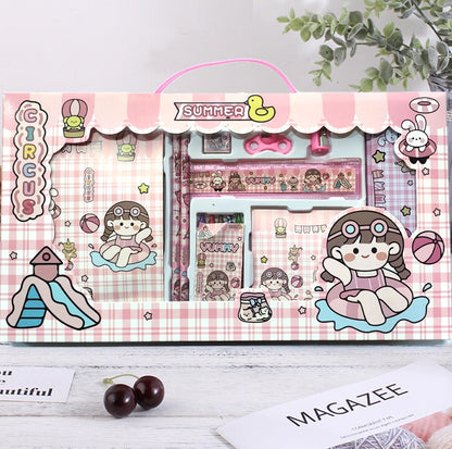 Pink and white toy packaging with cartoon characters and 'Summer' text on a light wooden surface.