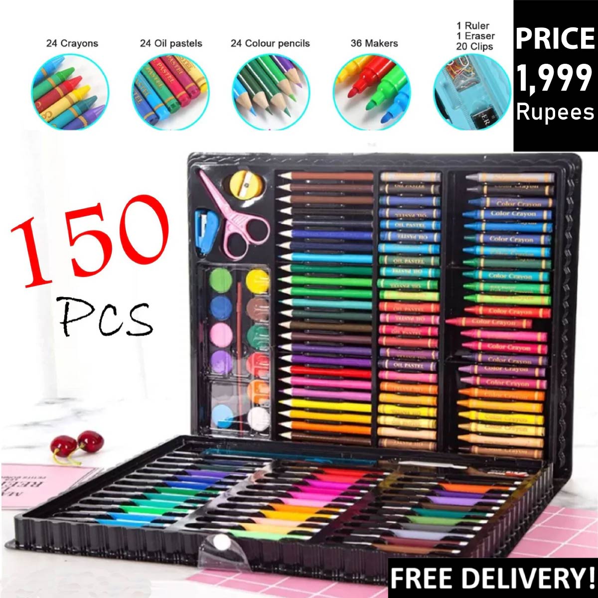A 150-piece children's art and drawing set displayed open in a black case, featuring colored pencils, oil pastels, markers, watercolor paints, scissors, rulers, erasers, and other drawing tools. The image includes promotional text overlays such as '150 PCS', 'PRICE 1,999 Rupees', and 'FREE DELIVERY!'.