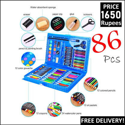 A 86-piece watercolor and drawing set in a blue plastic case, shown open with various art supplies arranged inside. The image includes callout circles and text labels pointing to different included items such as eraser, paper clip, glue, scissors, pencil, paint brush, watercolor paints, crayons, watercolor pens, colored pencils, oil pastels, and oil pastels, with promotional text 'PRICE 1650 Rupees', '86 PCS', and 'FREE DELIVERY!'.