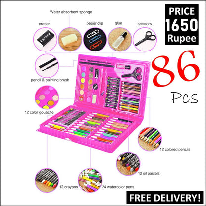 A pink plastic 86-piece art set kit shown open on a white background, surrounded by callout circles labeling included items such as eraser, paper clip, glue, scissors, pencil and painting brush, 12 color gouache, crayons, watercolor pens, colored pencils, oil pastels, and water absorbent sponge. Large text reads 'PRICE 1650 Rupee', '86 PCS', and 'FREE DELIVERY!'.