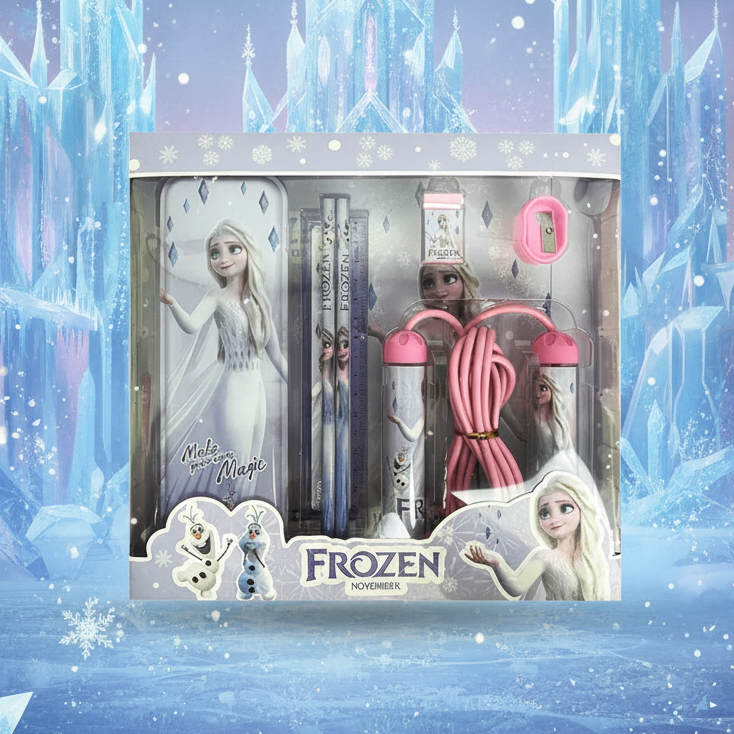 Packaged product with Frozen-themed items including a doll and jump rope on a white background