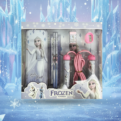 Packaged product with Frozen-themed items including a doll and jump rope on a white background