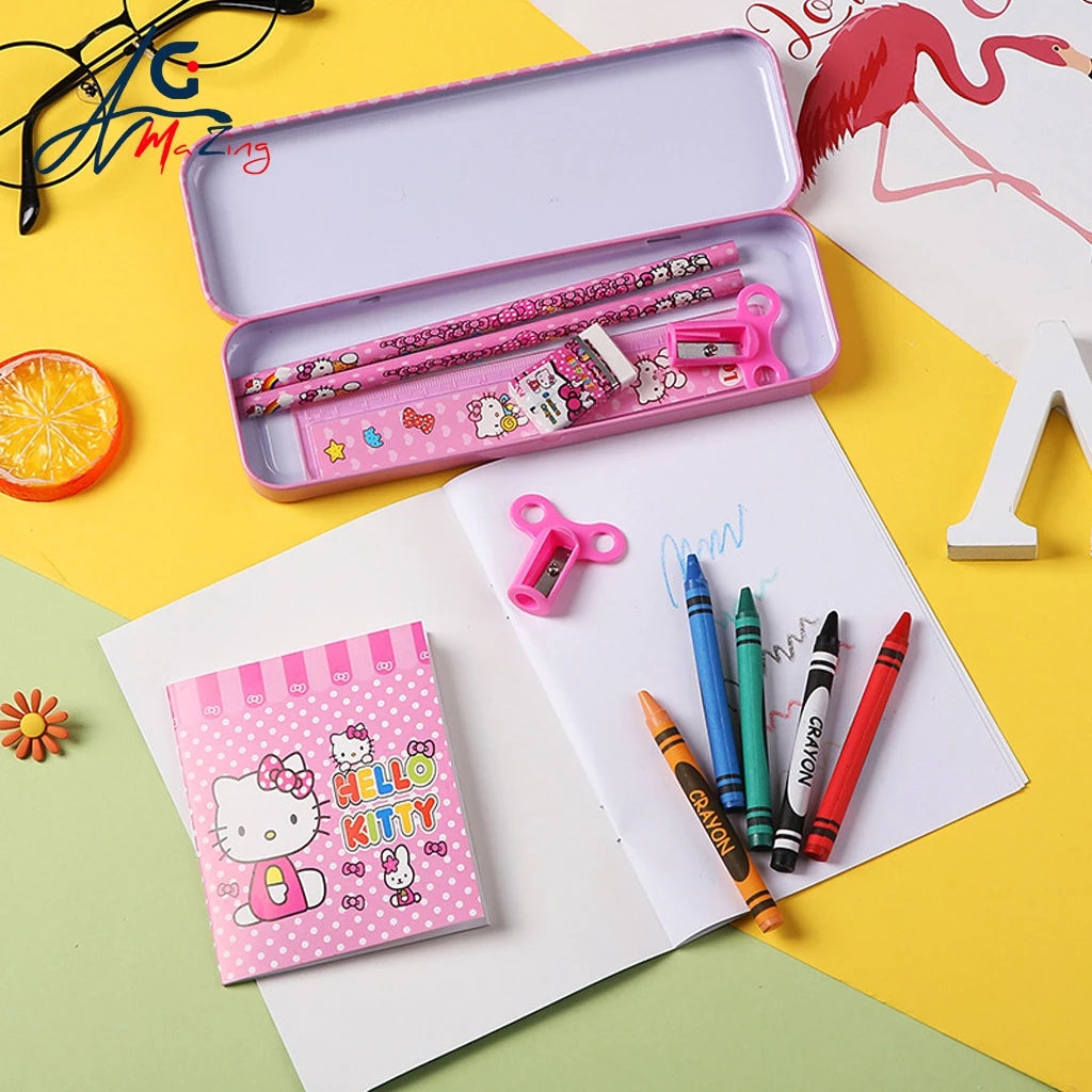 Hello Kitty stationery set with pencils, crayons, and notebook on a colorful background